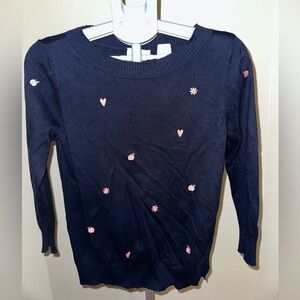 LOFT Navy Blue Sweater with Pink Embroidered Hearts, Flowers, and Apples